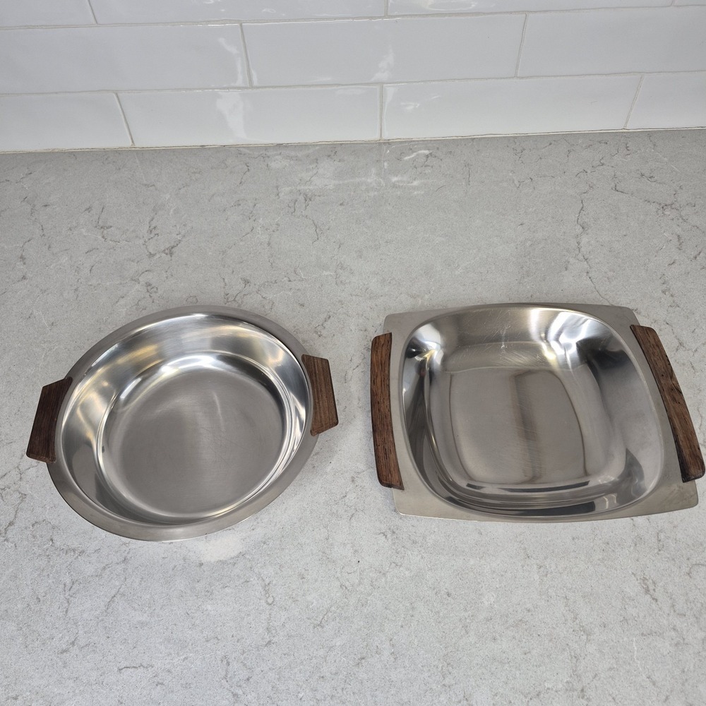 Midcentury Modern 2 stainless steel cocktail‎ tray wood handles Made in Denmark